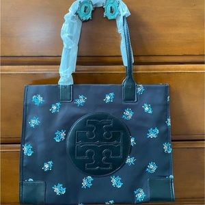 New-Tory Burch Large Ella Tote-Black with Flowers